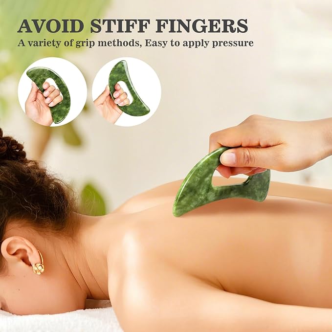 2 PCS Jade Stone Gua Sha Massage Tool, Large Guasha Muscle Scraper Tools Set with Handle Muscle Scraping Massage Tools S Shaped Anti Cellulite Spa Acupuncture Tools for Lymphatic Drainage