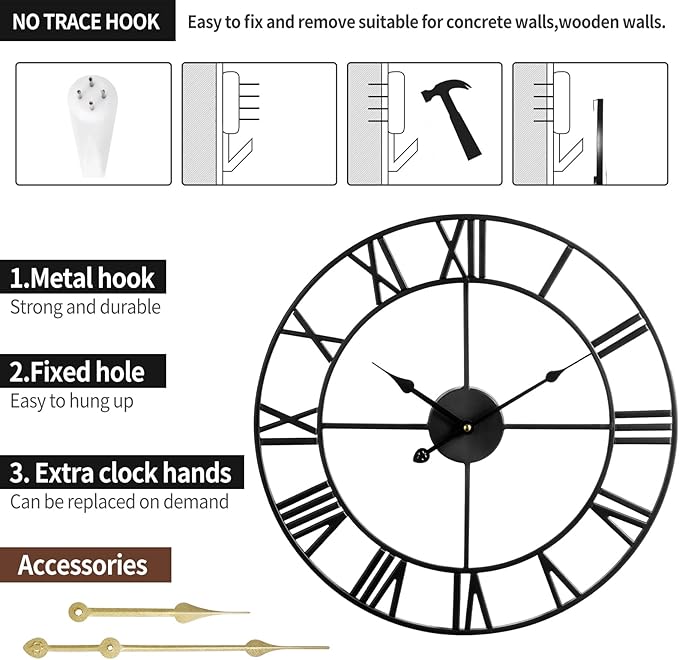 Large Wall Clock - 40cm/ 16 Inches Silent Non-Ticking Metal Wall Clock, Black, Vintage Modern Style, Battery Operated, Ideal for Living Room, Bedroom, Office, Farmhouse Decor