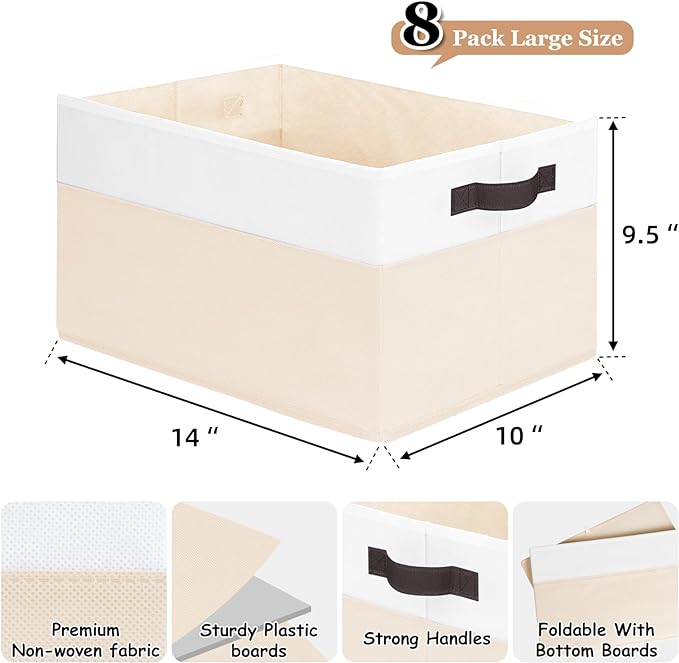 Criusia 8 Pack Large Storage Basket, Fabric Blanket Basket Living Room, Toy Organizers and Storage with Handles for Kids, Laundry Basket for Clothes Towel, Yarn and Craft Storage Bins (14L*10W*9.5H)