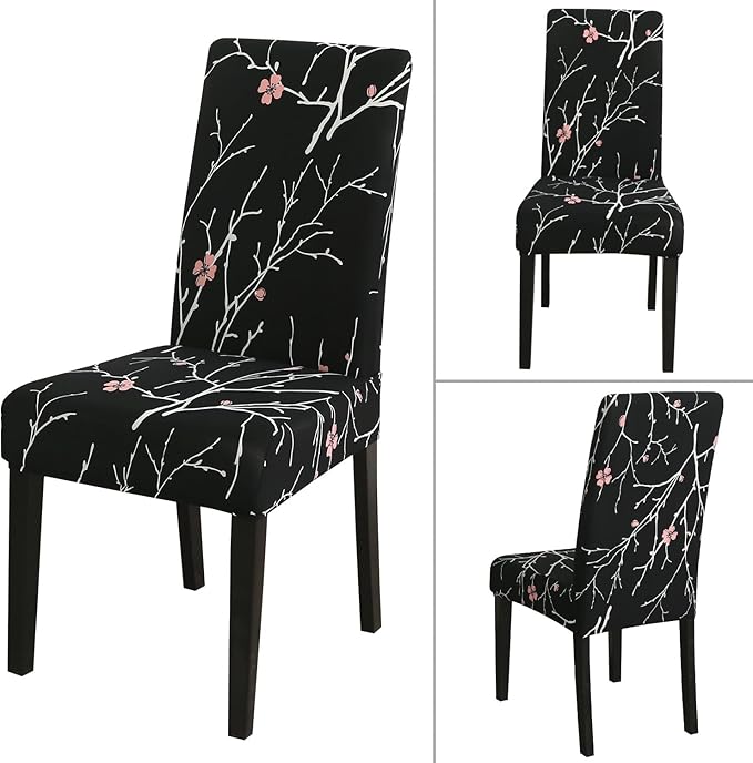 JQinHome Pattern Chair Covers for Dining Room Set of 6, High Stretch Removable Washable Parsons Chair Slipcover for Home Party Hotel Wedding Ceremony (Flourish Black,6PCS)