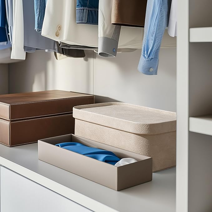 La Jolie Maison Vegan Leather Storage Boxes with Lids, Set of 3 Decorative Storage Containers Organize Stackable Storage Box, Beige