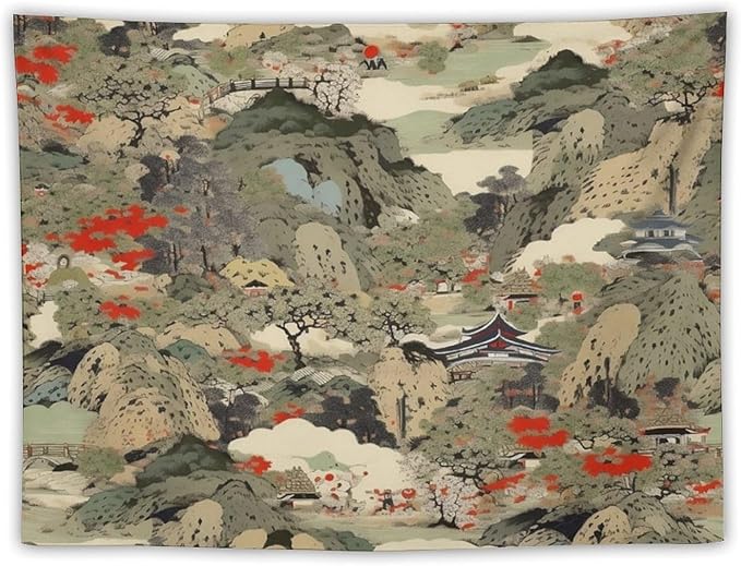 Asian Tapestry,Japanese Red Landscape Asian Watercolor Abstract Art Tapestry, Asian Japanese Wall Tapestry, Nature Landscape Tapestries for Bedroom Living Room Decor 60"x50"