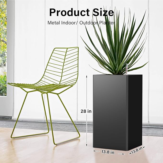 Modern Metal Planter Black – 28” Tall with Removable Insert Shelf | Heavy-Duty Outdoor & Indoor Planter Box for Patio, Porch, Garden (14x14x28in)