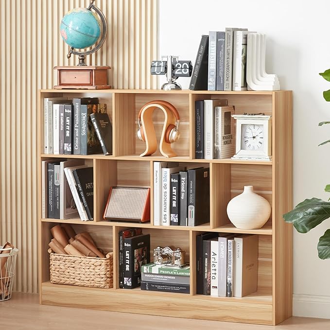 LEYAOYAO 10 Cube Bookshelf with Base,3 Tier Mid-Century Modern Grey Bookcase,Standing Wide Bookshelves Storage Organizer Shelf,Rustic Wood Display Cabinet Book Shelves for Bedroom,Living Room,Office