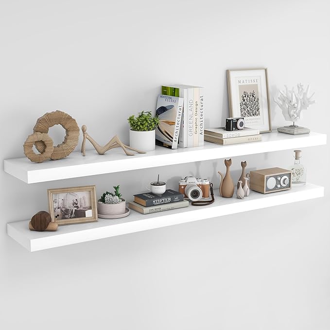 RICHFOCUS 72Inch Floating Shelves for Wall 2 Pack Shelves for Bedroom|Kitchen|Bathroom Wall Mounted Rustic Wood Floating Shelf with Invisible Brackets for Books|Storage|Decor, White