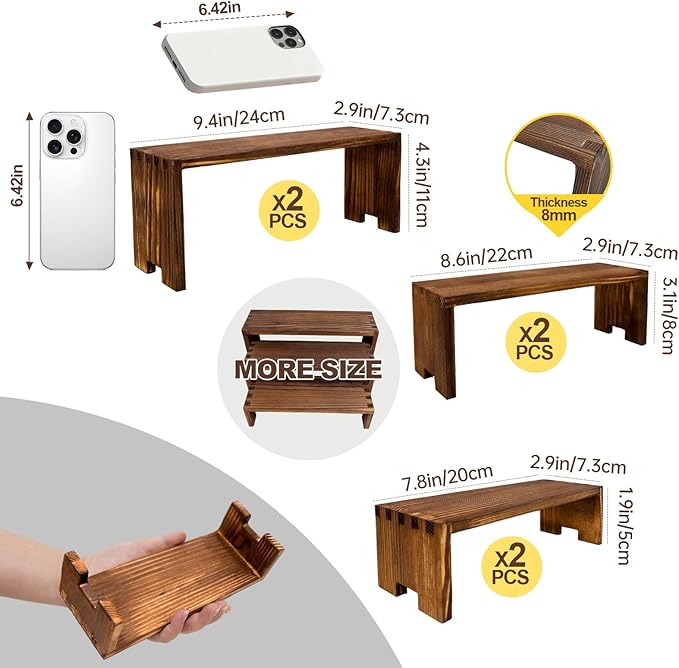 Display Wood Risers Wooden Stand 3 Tier Wood Racks Decorative Rectangular, 2 Set 6 Piece Cupcake Stands Cologne Perfume Organizer Dessert Showcase(Brown)