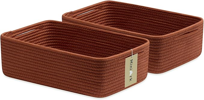 Large Shallow Organizing Baskets 15x11x5.1 Inches - Rope Woven Storage Bins for Bathroom, Shelves, Cube Closet, Red 2 Packs