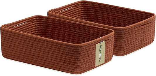 Large Shallow Organizing Baskets 15x11x5.1 Inches - Rope Woven Storage Bins for Bathroom, Shelves, Cube Closet, Red 2 Packs
