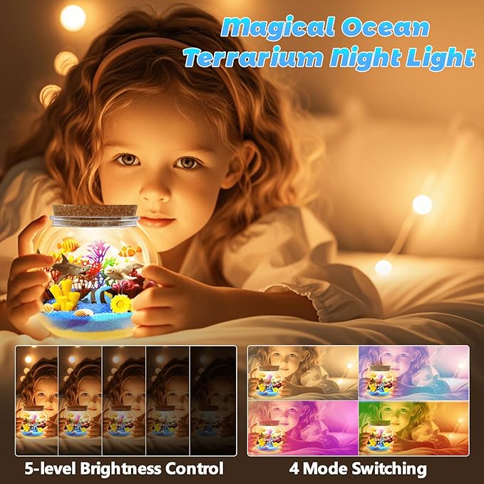 Ocean Light Up Terrarium Kit for Kids - Sea Animal Toys LED Night Light Birthday Gift for Boys & Girls Ages 4 5 6 7 8-12, Kids Arts & Crafts Kit