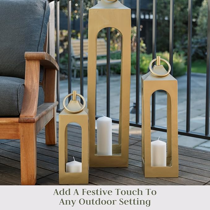 Medium Gold Lantern, Rustic Metal Decorative Lantern, Candle Holder for Indoor & Outdoor, Home Decor for Patio, Garden & Tabletop, Hanging Lantern for Parties & Weddings