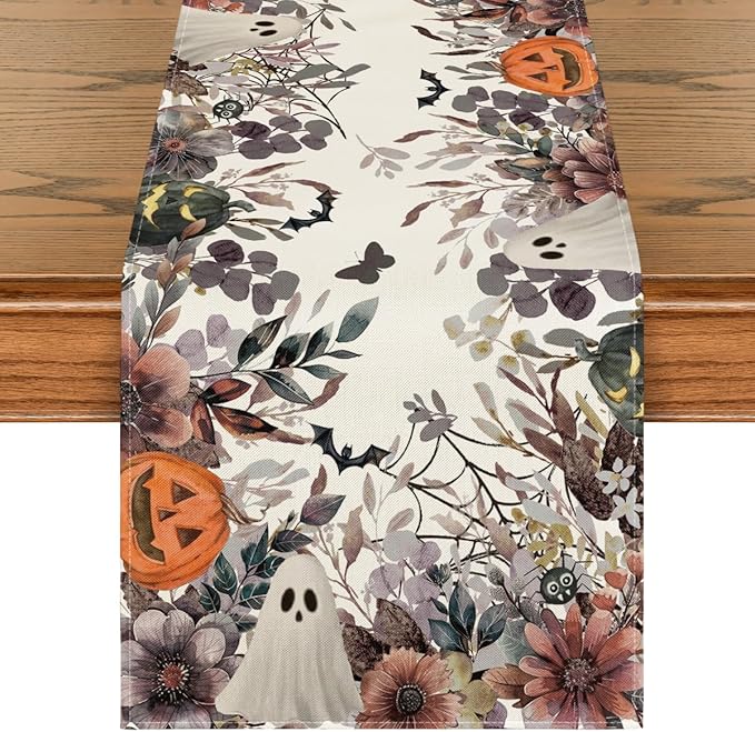 Artoid Mode Jack-O'-Lantern Pumpkin Floral Ghost Halloween Table Runner, Eucalyptus Kitchen Dining Table Decoration for Home Party Decor 13x36 Inch