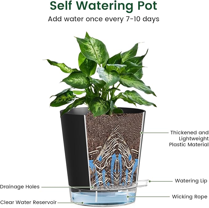 4 inch Self Watering Pots for Indoor Plants, 5 Pack Small Flower Plant Pots with Drainage Holes and Clear Reservoirs, Visible Water Level, Plastic Planters with Wicking Rope, Black