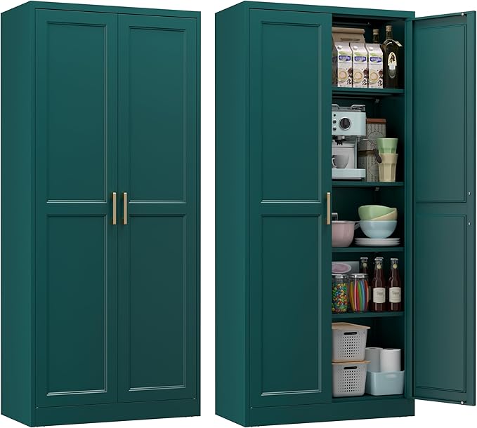71" Metal Pantry Cabinet, Tall Kitchen Pantry Storage Cabinet with 4 Adjustable Shelves and Gold Handles, Green Cupboard for Kitchen, Dining Room, Living Room