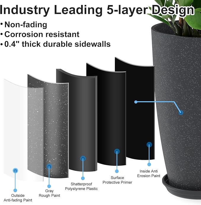 GameXcel Tall Flower Pot Indoor - Outdoor Plant Pot - Black Glossy Planter - Elegant Stone Imitation - 12" Diameter 21" Tall with Drainage Holes and Saucer 2Pack