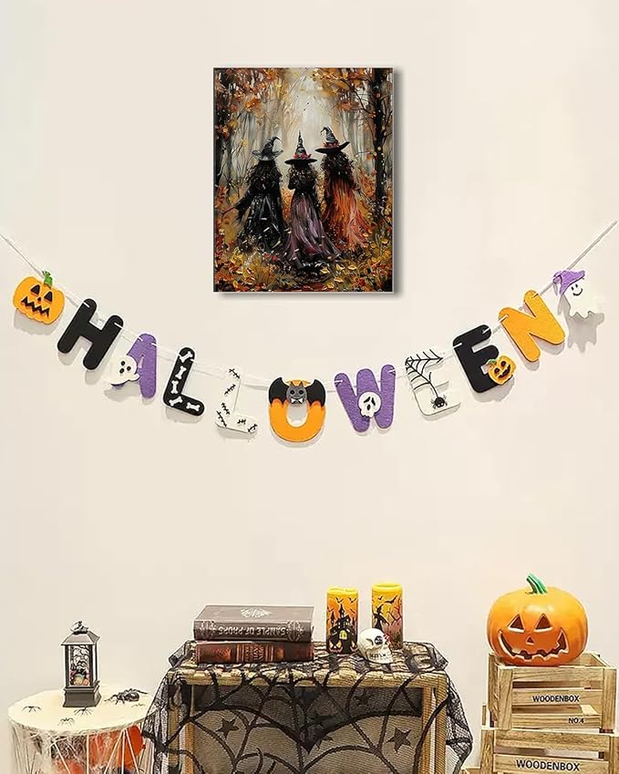 Halloween Canvas Wall Art, Vintage Three Witches Poster, Gothic Dark Academia Wall Decor, Spooky Halloween Decor for Living Room, Bedroom & Bathroom, Framed Fall Decorations Indoor