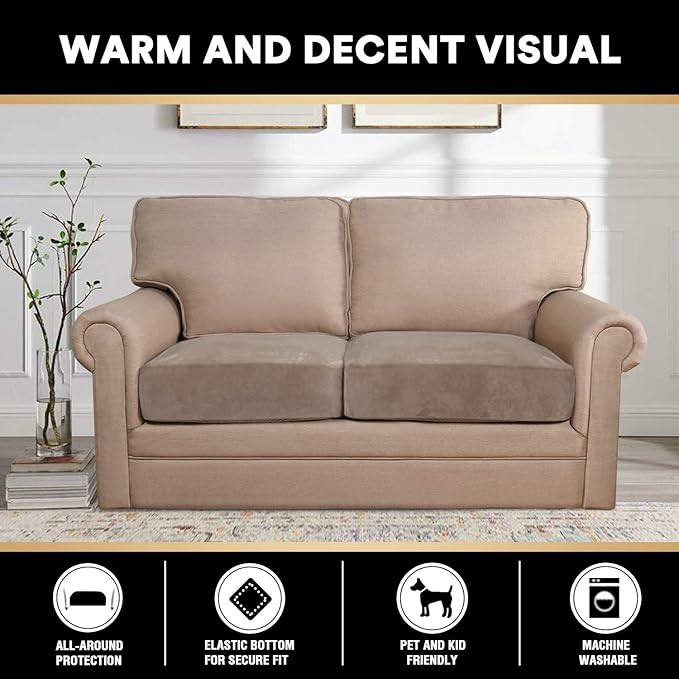 PrinceDeco Velvet Sofa Cushion Covers, Stretch Couch Cushion Covers for Individual Seat Couch Slipcover Sets Furniture Protector for Loveseat Sofa Cushion Width Up to 29.5", Taupe