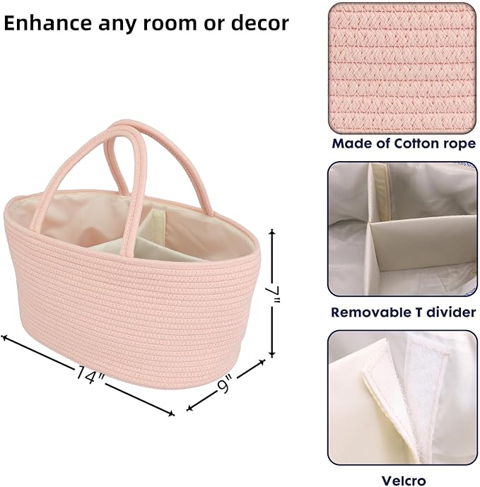 Diaper Caddy Organizer Cotton Rope Baby Basket Nursery Storage and Portable Tote Bag for Car Ideal Baby Shower Gifts and Registry Must-Have for Newborn Essentials coral pink