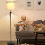 Floor Lamps for Living Room, Black Floor Lamp Adjustable Height Standing Lamp, Dimmable Modern Tall Floor Lamp for Bedroom Office with Beige Linen Shade, 8W 3000K Bulb Included