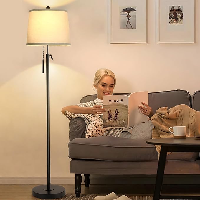 Floor Lamps for Living Room, Black Floor Lamp Adjustable Height Standing Lamp, Dimmable Modern Tall Floor Lamp for Bedroom Office with Beige Linen Shade, 8W 3000K Bulb Included