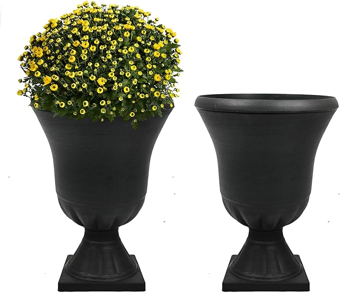 Worth Garden 2-Pack Plastic Urn Planters for Outdoor Plants, 22'' Black Tall Round Classic Resin Traditional Flower Pots - 15 in. Dia. Large Imitation Stone Decorative Pot Patio Deck Front Porch