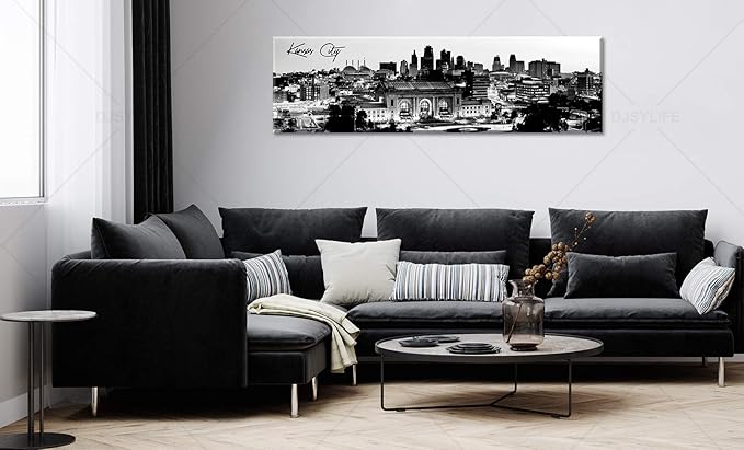 Pictures for Bedroom Black and White Wall Art Kansas City Panoramic Cityscape Skyline Canvas Art Prints for Living Room Office Home Decor Framed and Ready to Hang 13.8"x47.3"