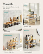 SONGMICS Cabinet Organizer Shelf, Set of 2 Kitchen Counter Shelves, Kitchen Storage, Spice Rack, Stackable, Expandable, Metal and Engineered Wood, Ink Black and Natural Beige UKCS200B01
