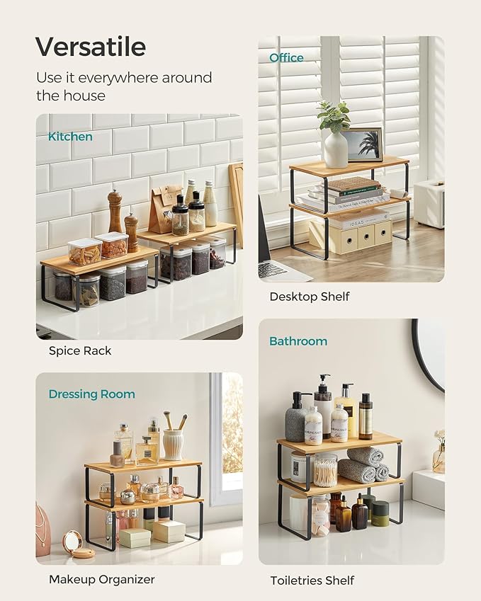 SONGMICS Cabinet Organizer Shelf, Set of 2 Kitchen Counter Shelves, Kitchen Storage, Spice Rack, Stackable, Expandable, Metal and Engineered Wood, Ink Black and Natural Beige UKCS200B01