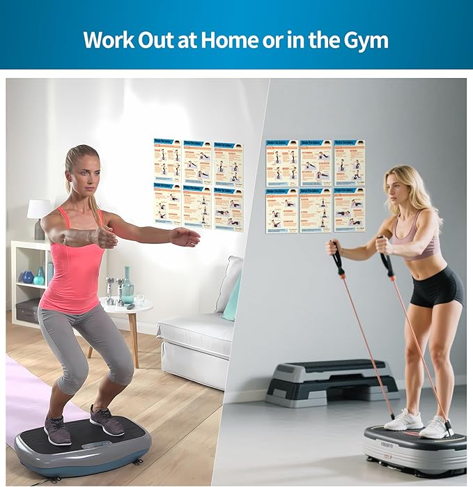 Whole Body Vibration Plate Exercise Poster Set - 6 Workout Guides & 2 Customizable 30-Day Plans for Home & Gym Use
