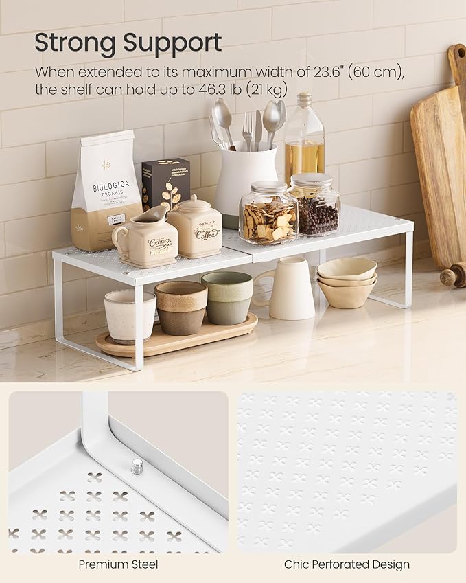 SONGMICS Spice Rack, Expandable Kitchen Countertop Shelf, Small Cupboard Organizer, Metal, Space-Saving Tabletop Shelf, Matte White UKCS007W01