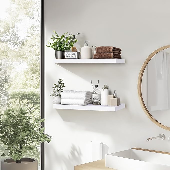 Floating Wall Shelves - 16"x6.8"x1.2" Sturdy Rustic White Solid Wood Shelves for Storage and Décor, Easy Installation for Living Room, Bedroom, and Kitchen - 2 Pack