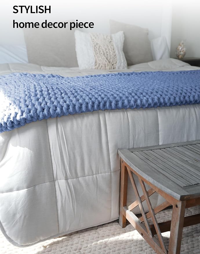 YnM Chunky Throw Blanket, Medium-Weight, Hand Knitted with Chenille Yarn, Skin Friendly, Ventilated and Breathable, Machine Washable, Home Décor Piece for Couch Sofa and Bed (Chambray Blue 30x40 Inch)