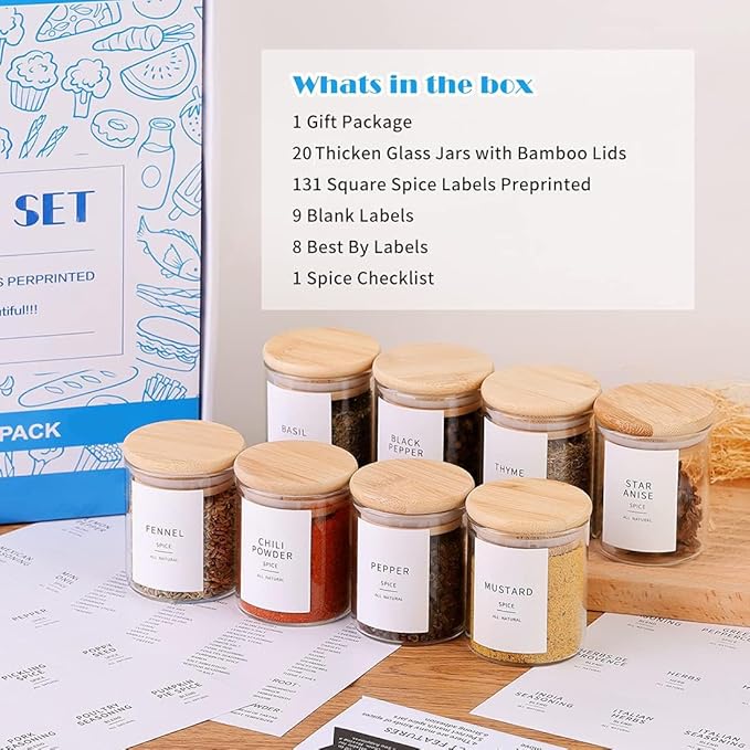 Glass Spice Jars with Bamboo Lids - 20 Pcs Thicken(2.4mm) 6oz Airtight Seasoning Containers with 131 Waterproof Minimalist Spice labels Preprinted - Small herb Jars for Pantry Organization and Storage
