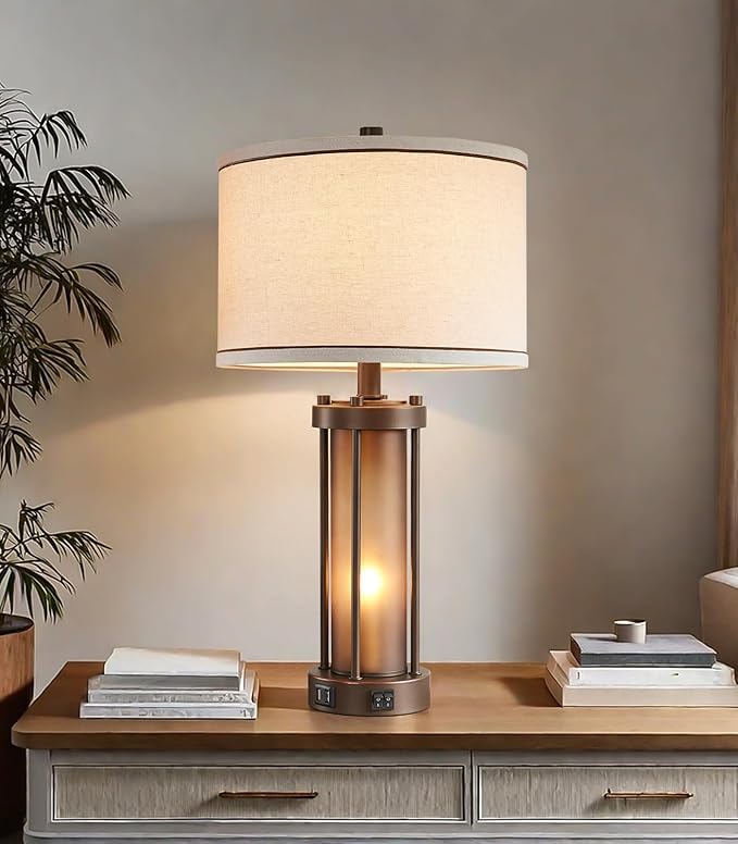 Farmhouse Table Lamps for Living Room with 2 USB Charging Ports, Vintage Rustic Nightstand Lamp with Amber Glass Nightlight, Retro Desk Lamp for Bedroom Entryway, 2 Bulbs Included