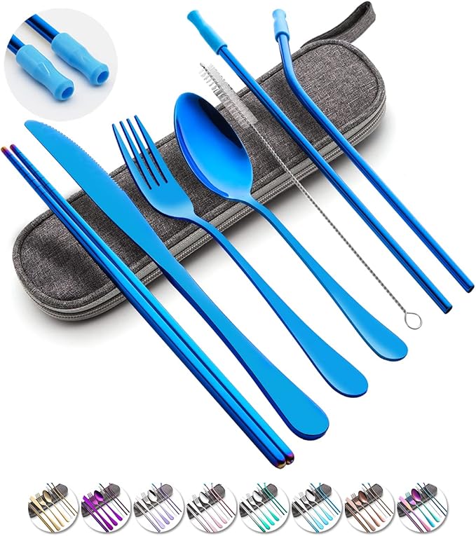 Travel Utensils Set with Case Reusable Portable Cutlery Set Stainless Steel 8pcs Including Dinner Knife Fork Spoon Chopsticks straws(Blue)
