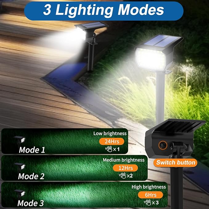 Solar Spot Lights Outdoor Waterproof IP65, 12 Pack Landscape Spotlights with 46 LEDs, 3 Modes Auto On/Off Solar Powered Flood Lights for Outside Pathway, Yard, Garden, Walkway (Cool White)