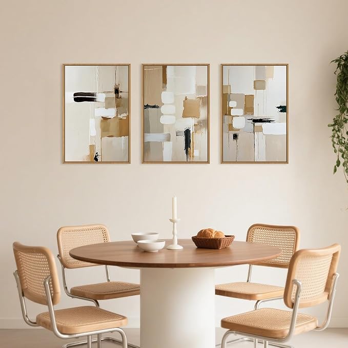 Celestdeco Large Abstract Beige Framed Canvas Wall Art Set, Neutral Textures Wall Decor, Warm Minimalist Shapes Wall Painting, Modern Neutral Art Prints for Living Room, Bedroom, Office - 24"X36"X3