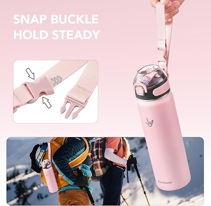 Enerbone 24 oz Insulated Water Bottle, Stainless Steel Bottle with Carrying Strap, Double-Wall Vacuum Insulation Design, Leakproof Sports Bottle with Straw, Keep Drinks Cold or Hot for Hours
