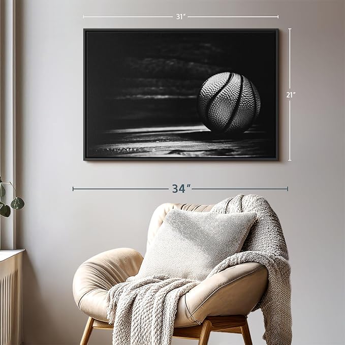 ElephantStock Basketball Wall Art - Horizontal Framed Canvas - 1-Piece Hallway Wall Decor - Photography sports Canvas Print - Black and Gray Decor for Wall - 31" X 21"