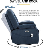 Power Swivel Rocker Recliner Chair for Adults,Rocking Recliners Chairs with Massage and Heat for Living Room, Electric Fabric Reclining Sofa Chair with USB and Type-C Port (Fabirc Blue)