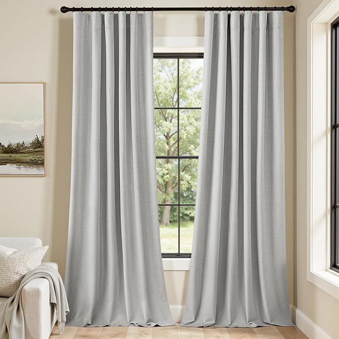 MIULEE 100% Blackout Curtains 108 Inch Long 2 Panels Set for Bedroom, Thick Luxury Faux Linen Black Out Curtain Room Darkening Back Tab Pleat Window Textured Drapes with Hooks for Living Room, Grey