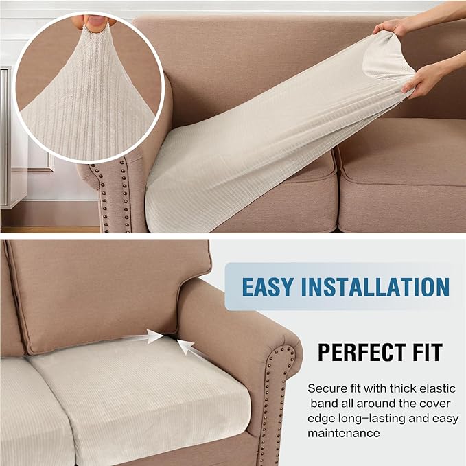 H.VERSAILTEX Velvet Stretch Couch Cushion Cover Plush Cushion Slipcover for Chair Loveseat Sofa Cushion Furniture Protector Seat Cushion Sofa Cover (3 Piece Sofa Cushion Covers, Ivory Striped)