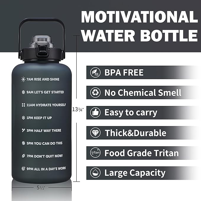 64oz,100oz,128oz Large Motivational Water Bottle with Time Marker, Leakproof & BPA Free Half Gallon Big Water Bottle with Straw Handle Tritan Frosted Water Jug for Gym,Fitness,Outdoor Sports