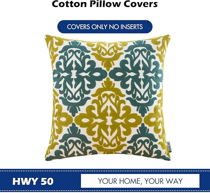 HWY 50 Decorative Throw Pillow Covers 18x18 Inch (1 Piece), Embroidered Cotton Farmhouse Cushion Cover Pillow Case for Sofa Couch Living Room Bed Bedroon, Blue and Green Floral Geometric