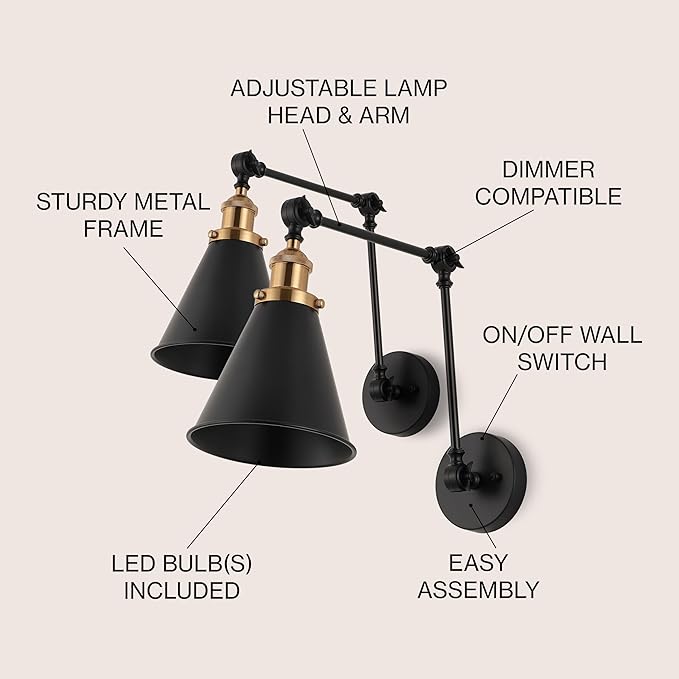 JONATHAN Y JYL7462A-SET2 Rover 7" Farmhouse Industrial Adjustable Arm Metal LED Wall Sconce Rustic Bohemian 2700K 4W Bulb for Entryway Lobby Kitchen Bathroom Bedroom Hallway, Black (Set of 2)