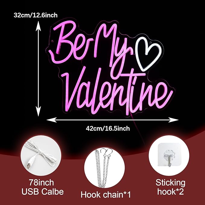 Be My Valentine Neon Sign Dimmable Pink LED Letters Light Up sign for Wall Decor USB Valentine Neon Light for Valentine's Day Lover Gift Bedroom Atmosphere Decor(12.6 * 16.5In)