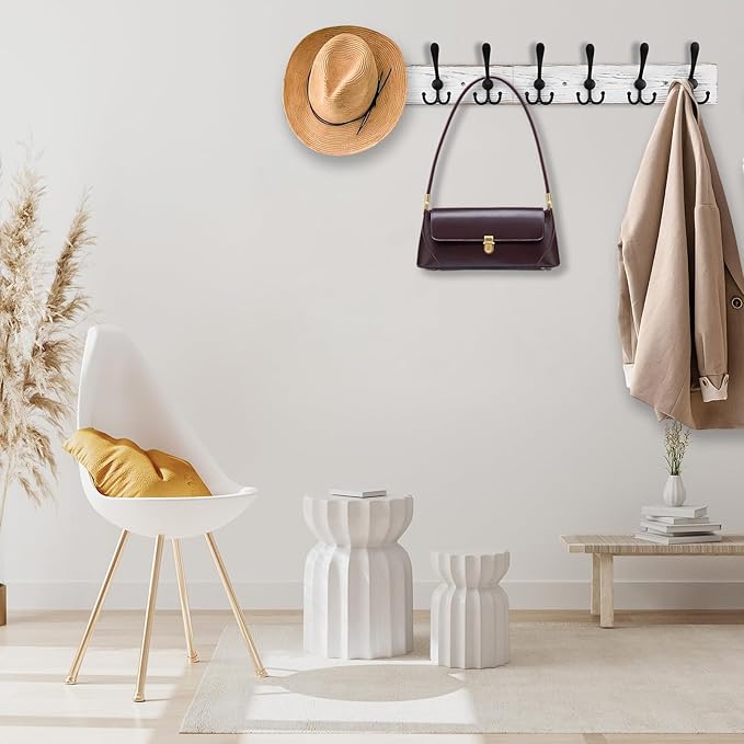 32.2'' Large Coat Rack Wall Mount Coat Hooks with 8 Metal Black Triple-Hooks Old White Pine Real Wood Plank Hat Rack for Wall Hooks