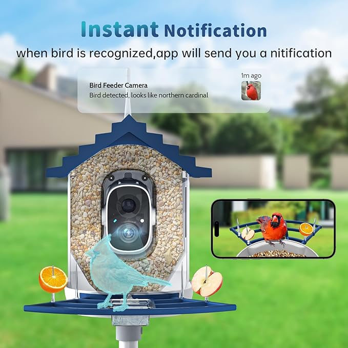 Smart Bird Feeder with Camera Solar Powered & AI Bi rd Identification, 2.4Ghz WiFi Bird feeders for Outdoors, 2K Live Video, Nstant Arrival Alerts - Best Gifts for Bi rd Lovers（Indigo Blue）