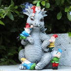 Dragon Gnome Statues Outdoor Decor, 13” Dinosaur Play with Gnomes Garden Statue, Outdoor Statue for All Season Lawn Decor, Garden Decoration, Gardening Gift