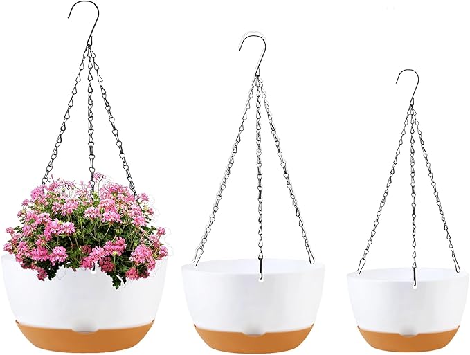 8/10/12 inch Hanging Planters for Indoor Outdoor Plants with Self-Watering Pots, 3 Pack Plastic Hanging Basket with Removable Tray for Home Garden Porch Balcony Patio Decor(White)