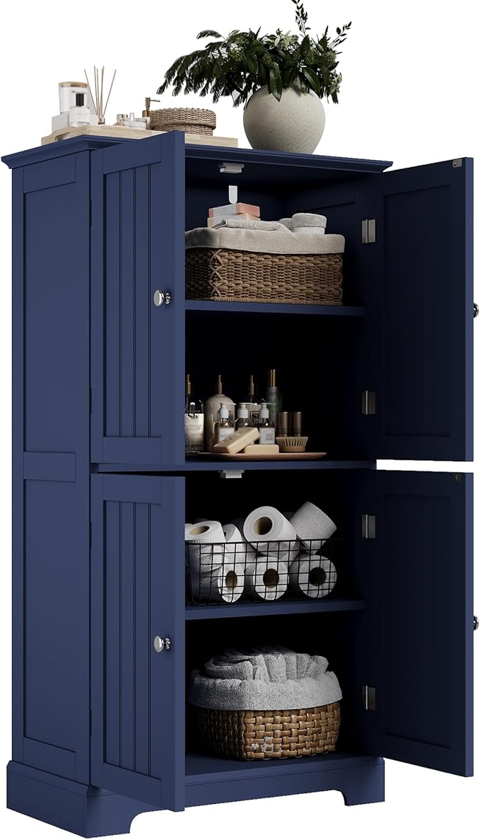 ChooChoo Bathroom Floor Cabinet, Modern Bathroom Storage Cabinet with 4 Doors and Adjustable Shelves, Freestanding Cupboard for Living Room, Navy Blue